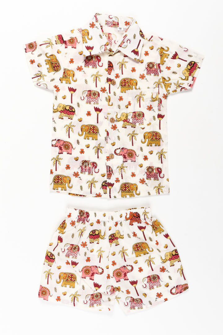 Boys Guys Casual Outfits in Cotton with Elephant Digital Print and Short Sleeve Shirt