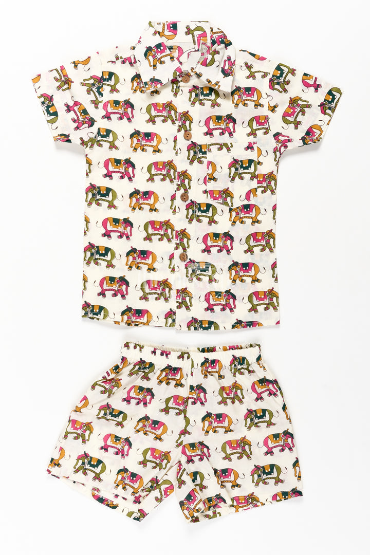 Boys Casual Two Piece Outfits in Cotton with Elephant Digital Print and Collared Shirt
