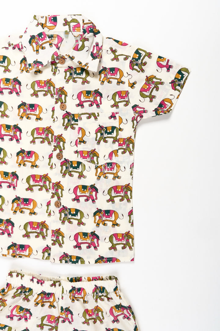Boys Casual Two Piece Outfits in Cotton with Elephant Digital Print and Collared Shirt