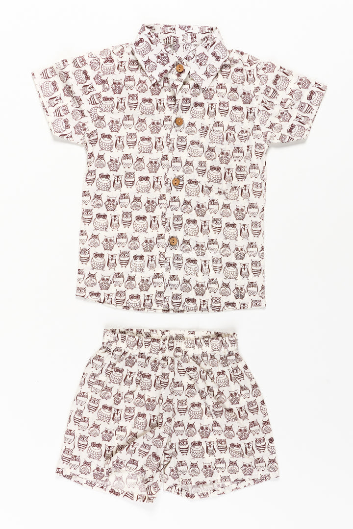 Boys Brown Shirt and Shorts Set in Cotton with Owl Digital Print for Smart Casual Styling