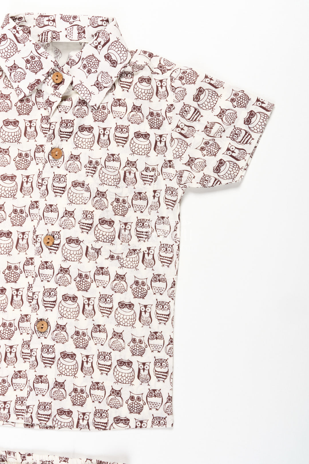 Boys Brown Shirt and Shorts Set in Cotton with Owl Digital Print for Smart Casual Styling