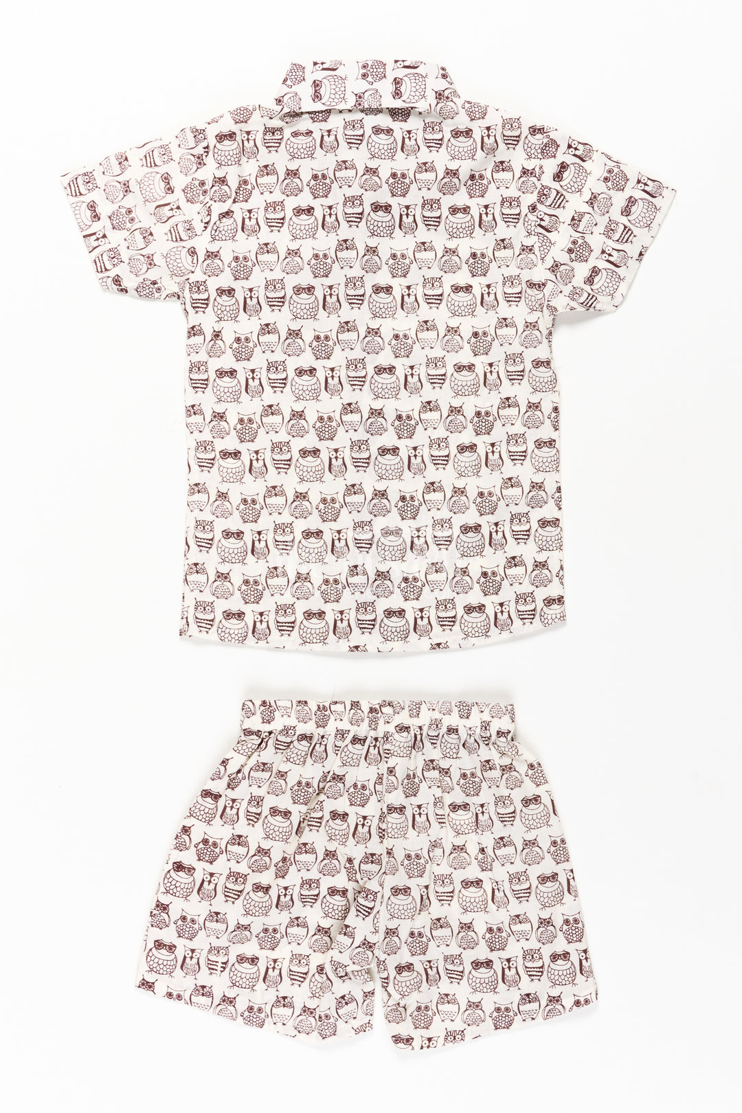 Boys Brown Shirt and Shorts Set in Cotton with Owl Digital Print for Smart Casual Styling