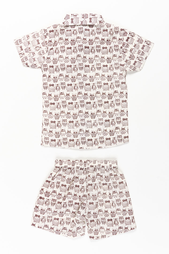 Boys Brown Shirt and Shorts Set in Cotton with Owl Digital Print for Smart Casual Styling