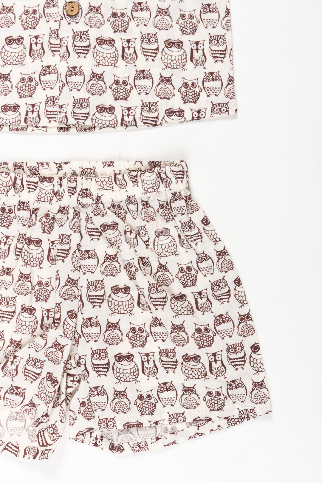 Boys Brown Shirt and Shorts Set in Cotton with Owl Digital Print for Smart Casual Styling