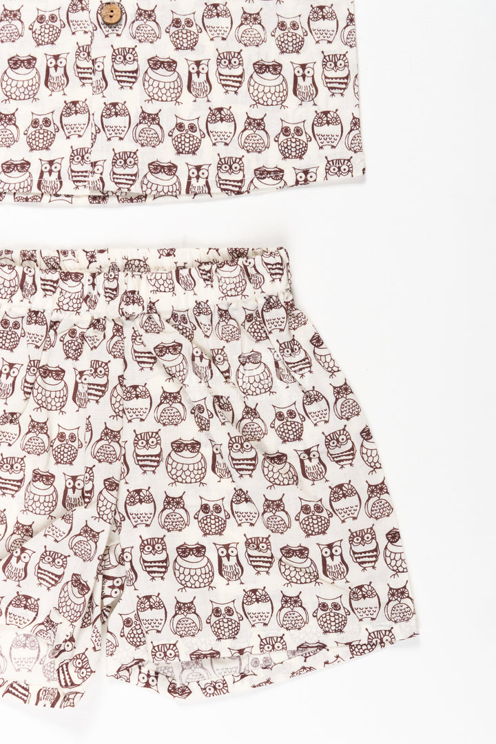 Boys Brown Shirt and Shorts Set in Cotton with Owl Digital Print for Smart Casual Styling
