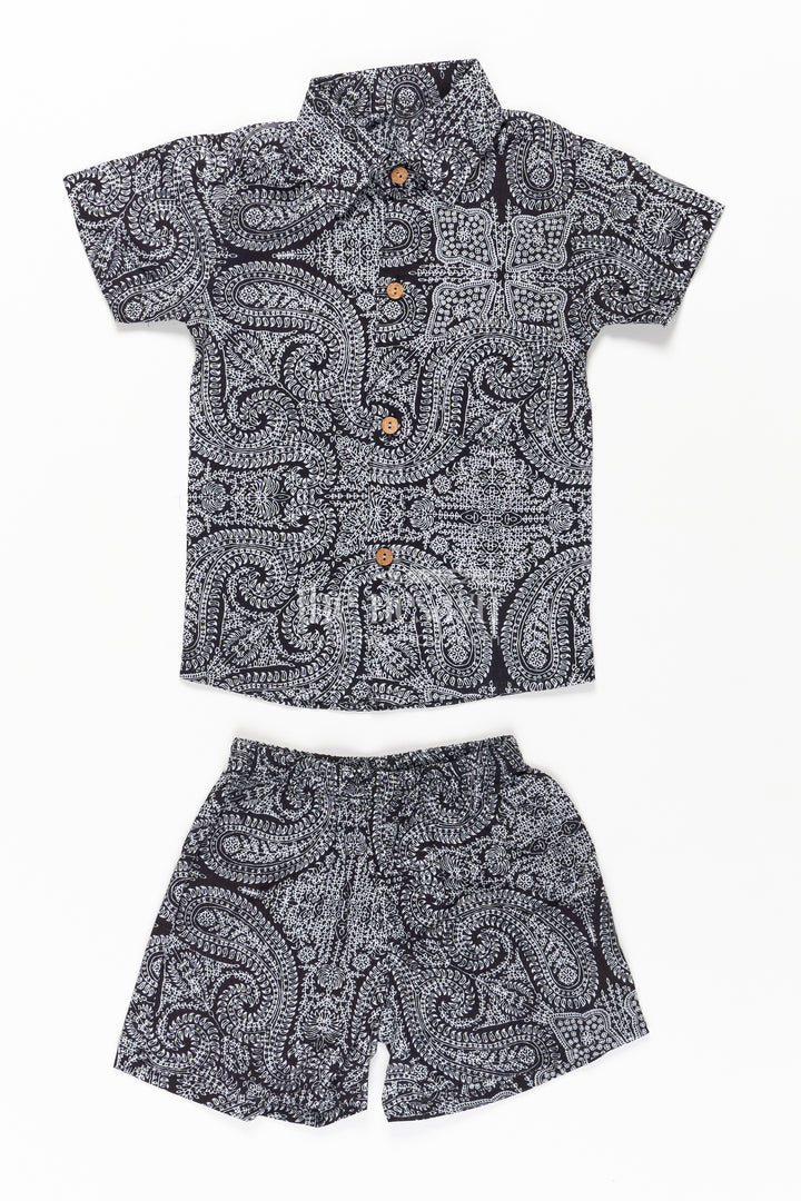 Boys Black Casual Dress Cotton Set with Paisley Digital Print Shirt and Matching Shorts