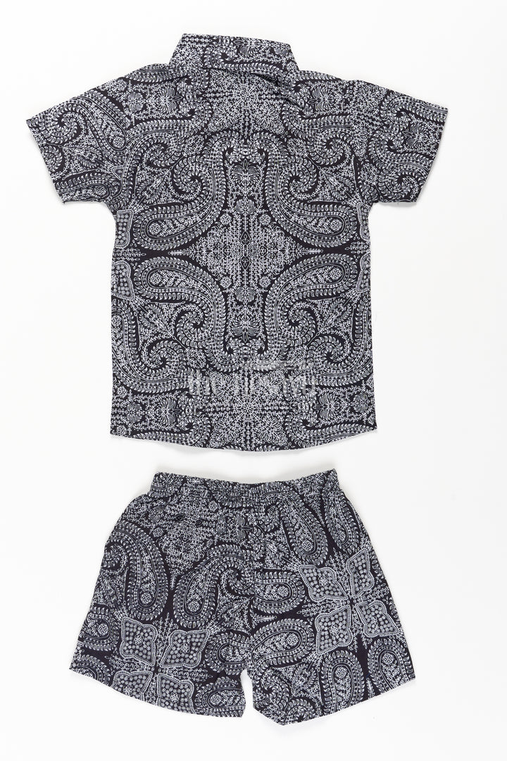 Boys Black Casual Dress Cotton Set with Paisley Digital Print Shirt and Matching Shorts