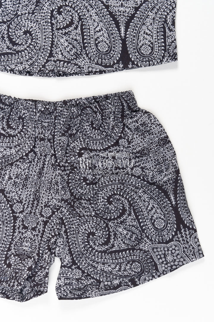 Boys Black Casual Dress Cotton Set with Paisley Digital Print Shirt and Matching Shorts