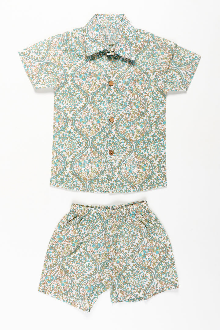 Boys Green Casual Shirts Set in Cotton with Floral Block Print Inspired Pattern