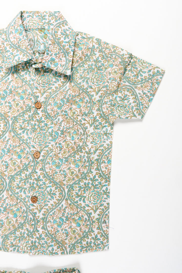 Boys Green Casual Shirts Set in Cotton with Floral Block Print Inspired Pattern