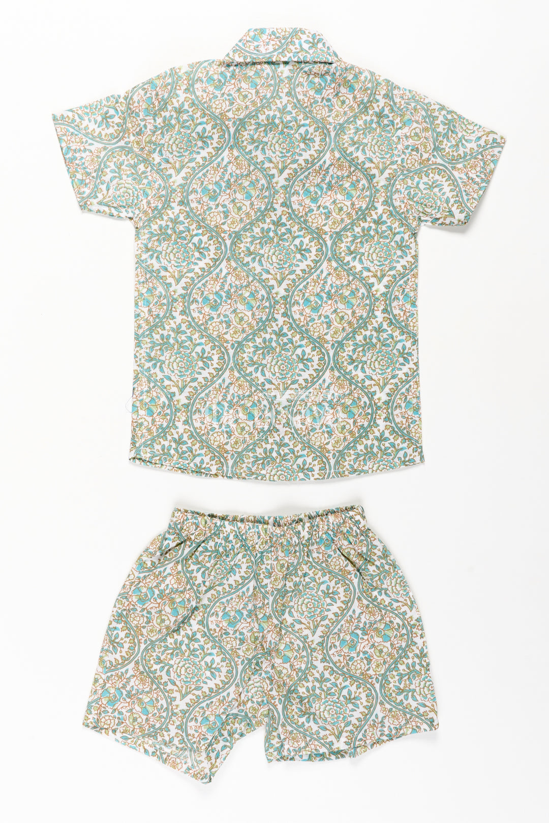 Boys Green Casual Shirts Set in Cotton with Floral Block Print Inspired Pattern