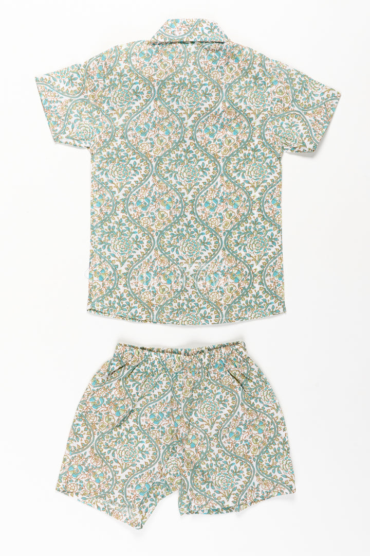 Boys Green Casual Shirts Set in Cotton with Floral Block Print Inspired Pattern