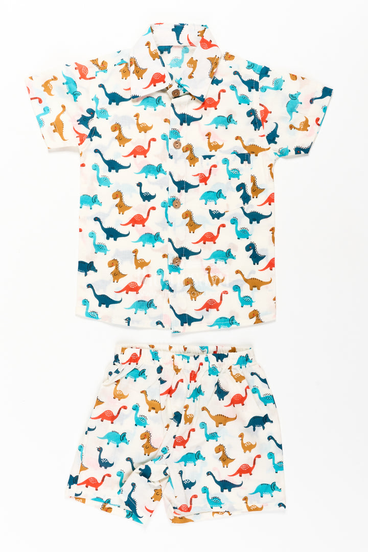 Boys Cool Casual Outfits for Guys in Cotton with Multicolor Dinosaur Print and Matching Shorts