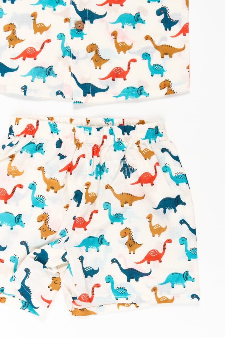 Boys Cool Casual Outfits for Guys in Cotton with Multicolor Dinosaur Print and Matching Shorts