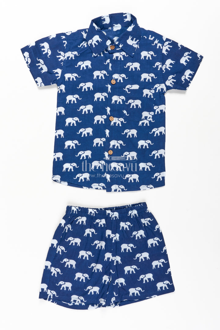 Boys Casual Blue Outfit in Cotton with White Elephant Digital Print and Matching Shorts