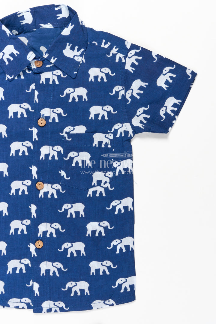 Boys Casual Blue Outfit in Cotton with White Elephant Digital Print and Matching Shorts