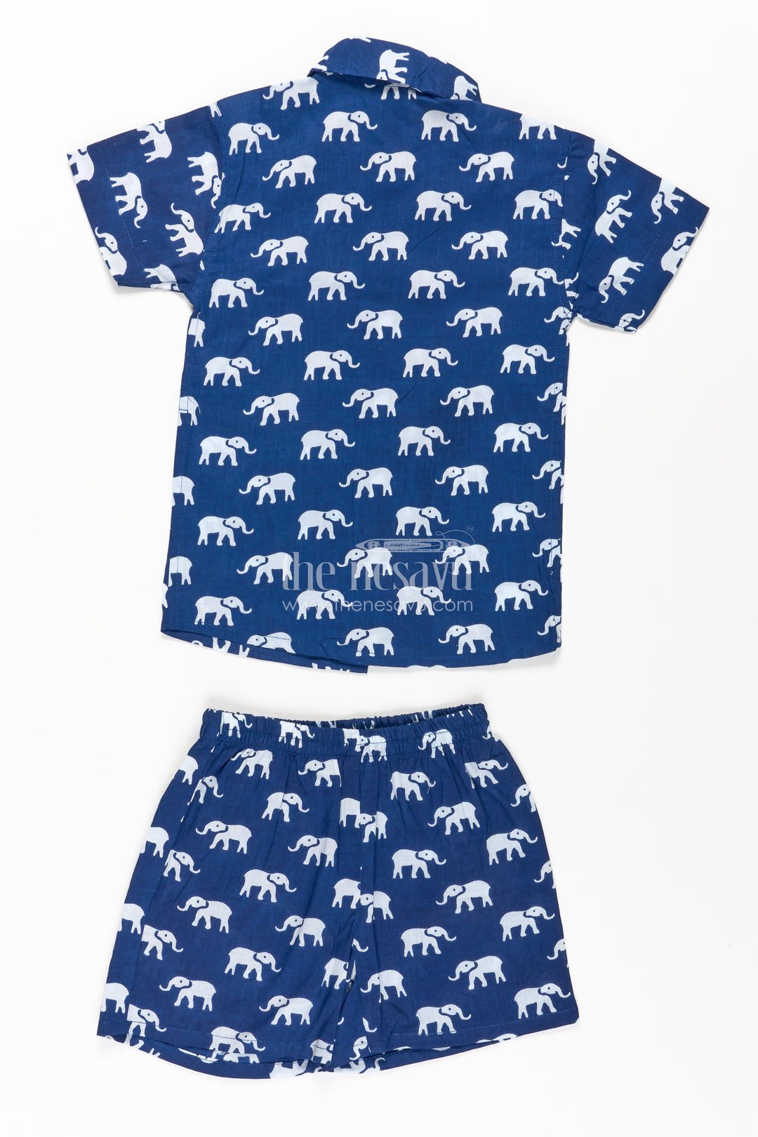 Boys Casual Blue Outfit in Cotton with White Elephant Digital Print and Matching Shorts