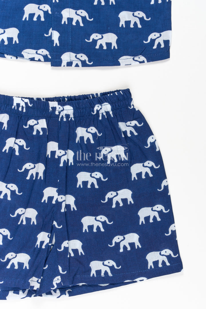 Boys Casual Blue Outfit in Cotton with White Elephant Digital Print and Matching Shorts