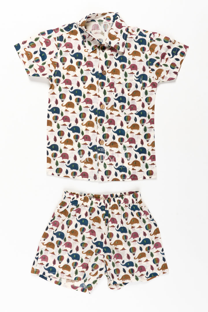 Boys Cotton Summer Dresses Casual Set with Earth-Tone Elephant and Balloon Print