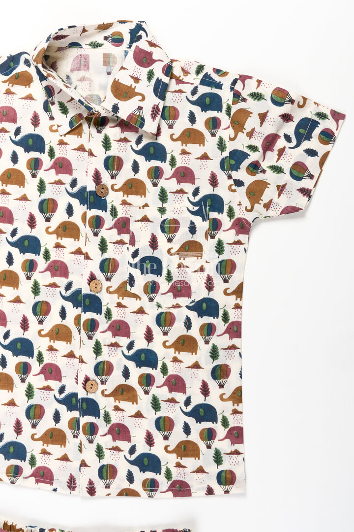 Boys Cotton Summer Dresses Casual Set with Earth-Tone Elephant and Balloon Print