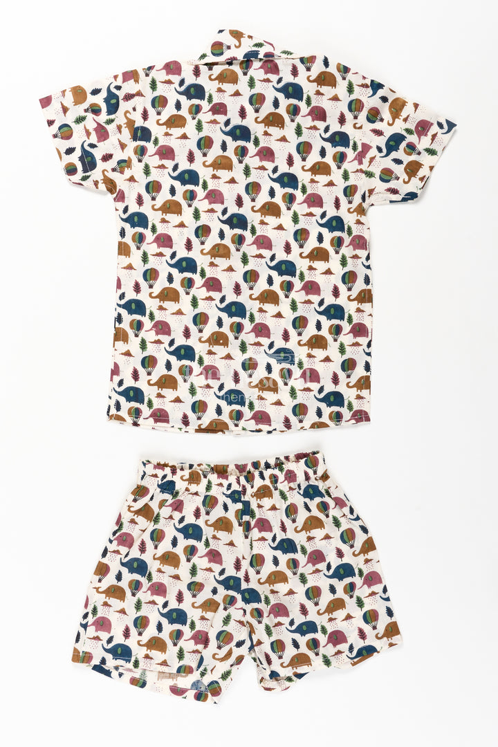 Boys Cotton Summer Dresses Casual Set with Earth-Tone Elephant and Balloon Print