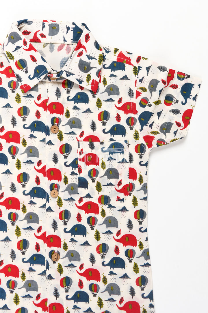 Boys Cotton Casual Shirts with Red and Navy Elephant and Balloon Prints on Soft Cotton Fabric