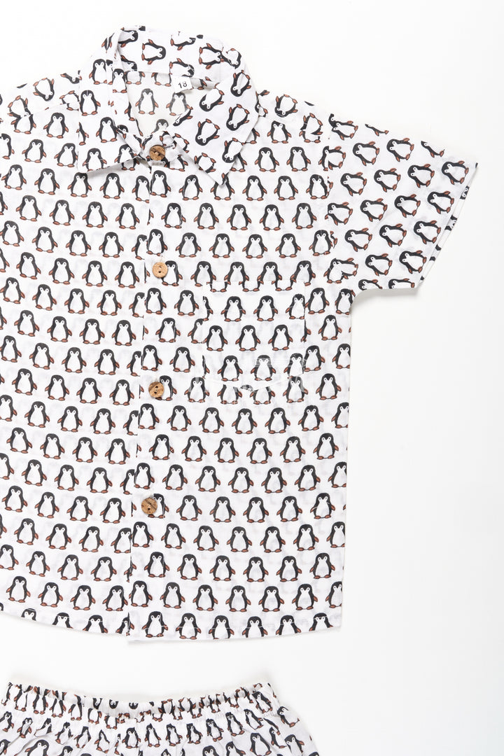 Boys Smart and Casual Wear Set with Penguin Print Shirt and Matching Shorts in Cool Cotton Fabric