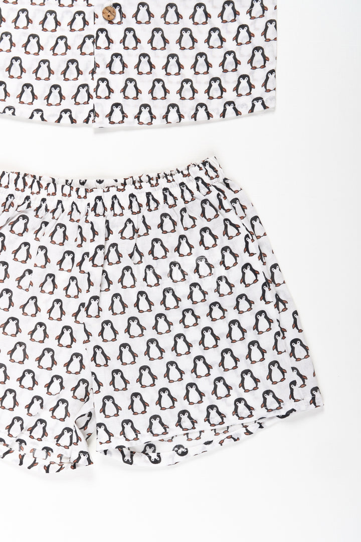 Boys Smart and Casual Wear Set with Penguin Print Shirt and Matching Shorts in Cool Cotton Fabric