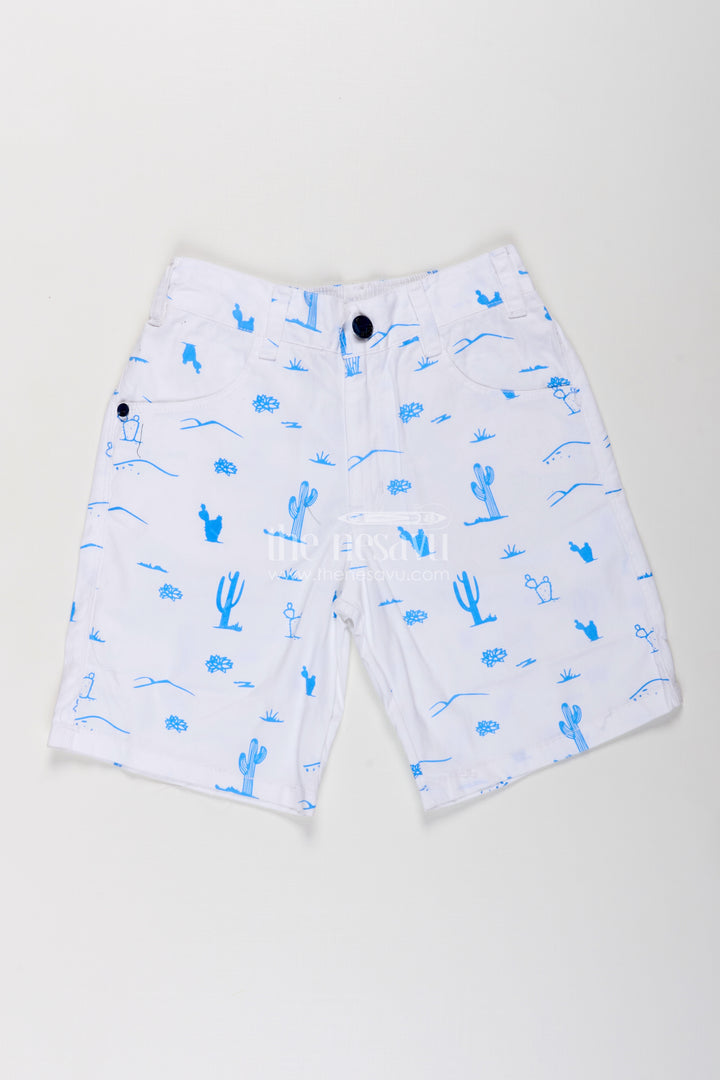 White Shirt Shorts for Boys in Cotton with Blue Cactus and Animal All Over Digital Print