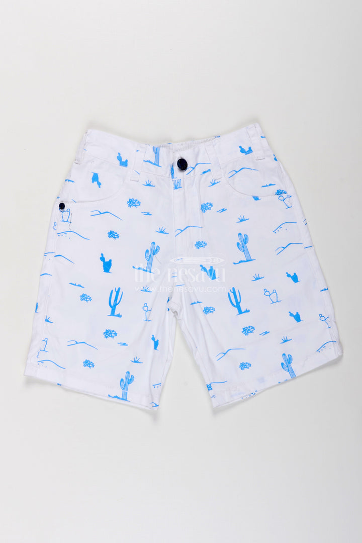 White Shirt Shorts for Boys in Cotton with Blue Cactus and Animal All Over Digital Print