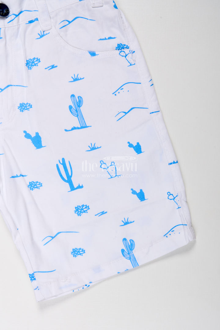 White Shirt Shorts for Boys in Cotton with Blue Cactus and Animal All Over Digital Print