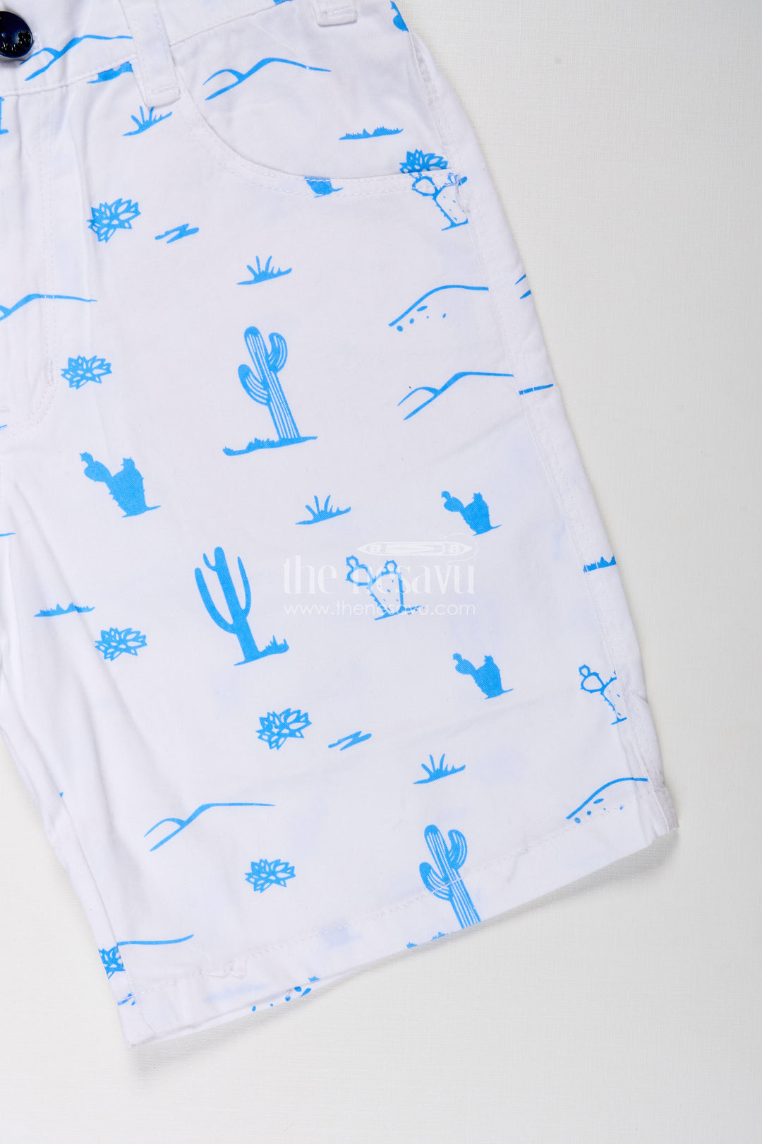White Shirt Shorts for Boys in Cotton with Blue Cactus and Animal All Over Digital Print
