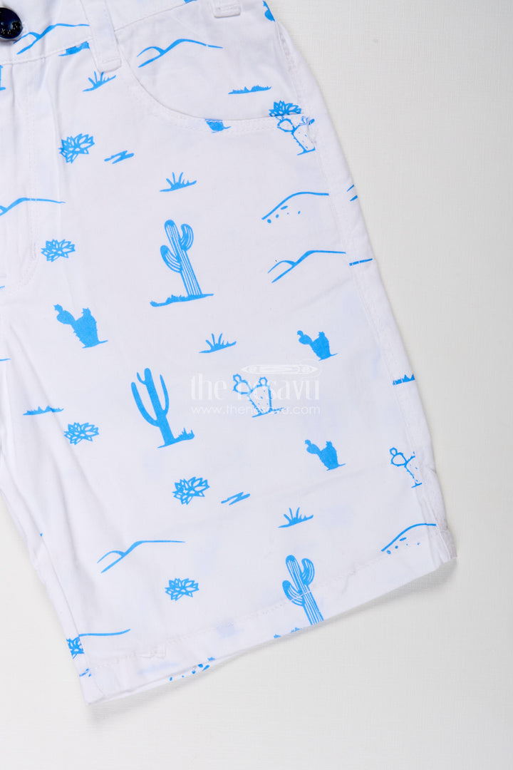 White Shirt Shorts for Boys in Cotton with Blue Cactus and Animal All Over Digital Print