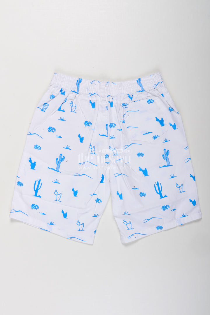 White Shirt Shorts for Boys in Cotton with Blue Cactus and Animal All Over Digital Print