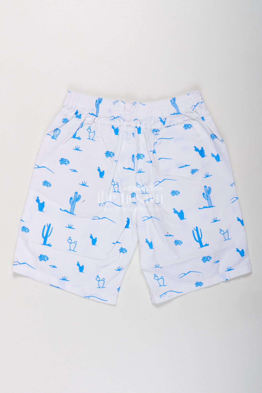 White Shirt Shorts for Boys in Cotton with Blue Cactus and Animal All Over Digital Print