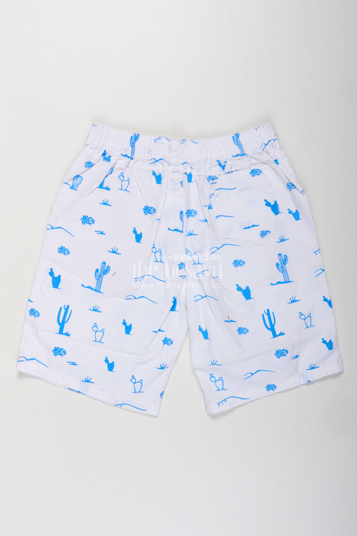 White Shirt Shorts for Boys in Cotton with Blue Cactus and Animal All Over Digital Print