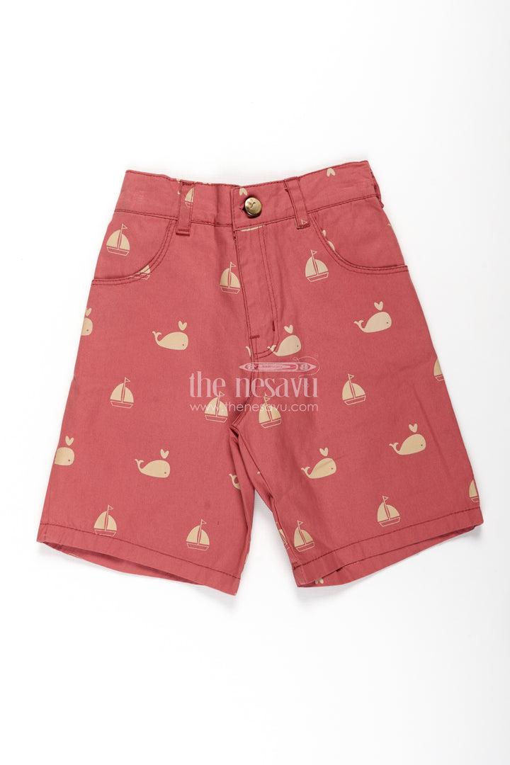 Casual Cycling Shorts for Boys in Red Cotton with Yellow Whale and Boat Digital Print