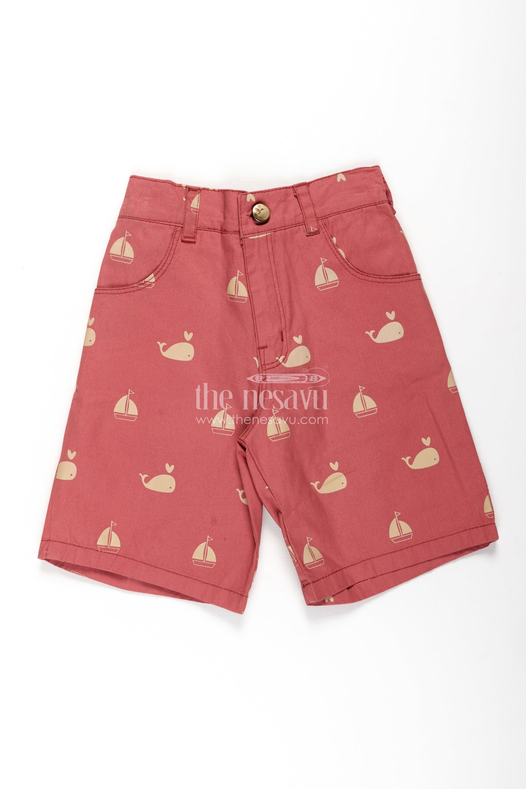 Casual Cycling Shorts for Boys in Red Cotton with Yellow Whale and Boat Digital Print