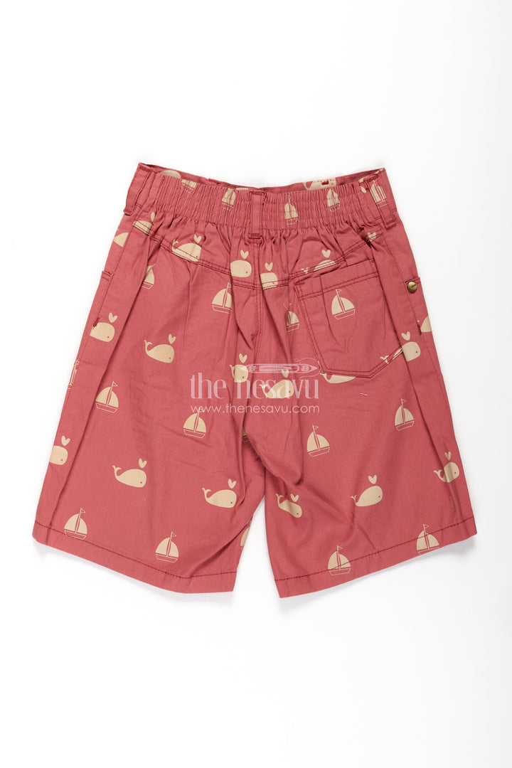 Casual Cycling Shorts for Boys in Red Cotton with Yellow Whale and Boat Digital Print
