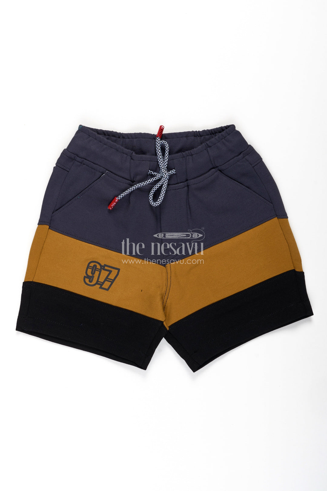 Casual Bike Shorts for Boys in Grey and Mustard Colorblock Design with Drawstring Waist
