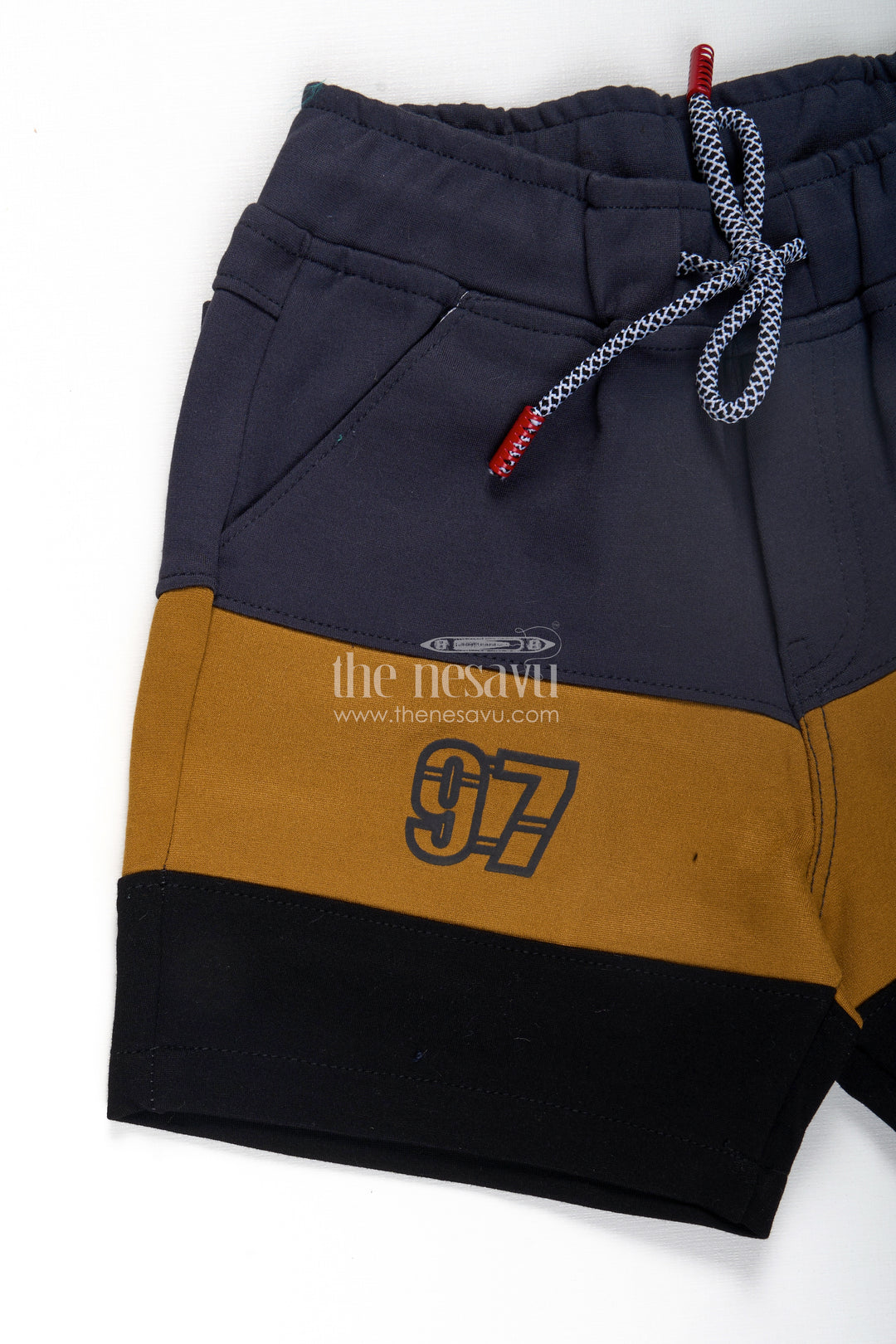 Casual Bike Shorts for Boys in Grey and Mustard Colorblock Design with Drawstring Waist