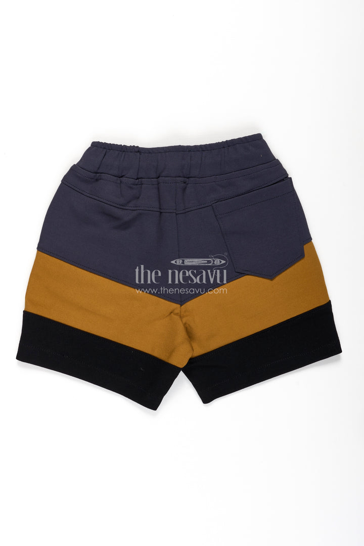 Casual Bike Shorts for Boys in Grey and Mustard Colorblock Design with Drawstring Waist
