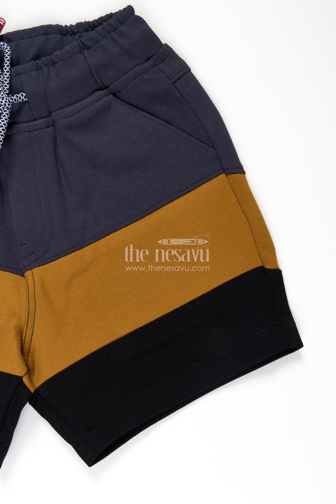 Casual Bike Shorts for Boys in Grey and Mustard Colorblock Design with Drawstring Waist