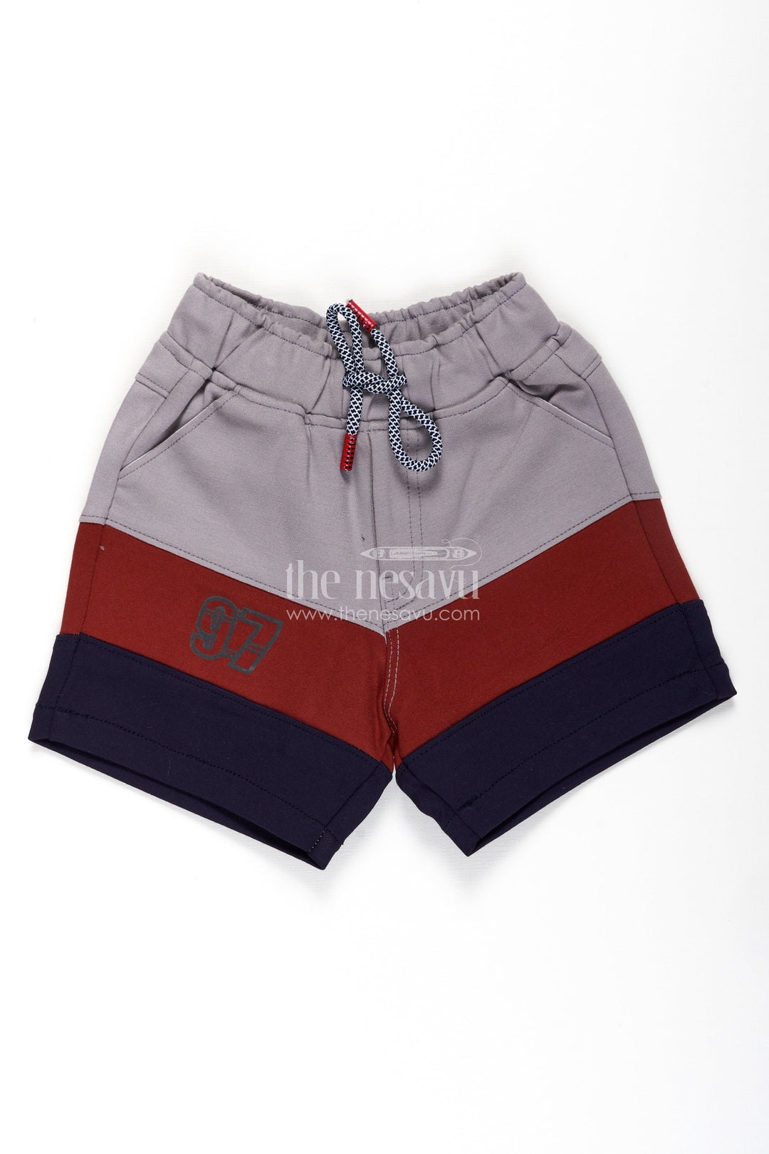 Business Casual Shorts for Boys in Grey Red and Navy Colorblock with Athletic 97 Logo