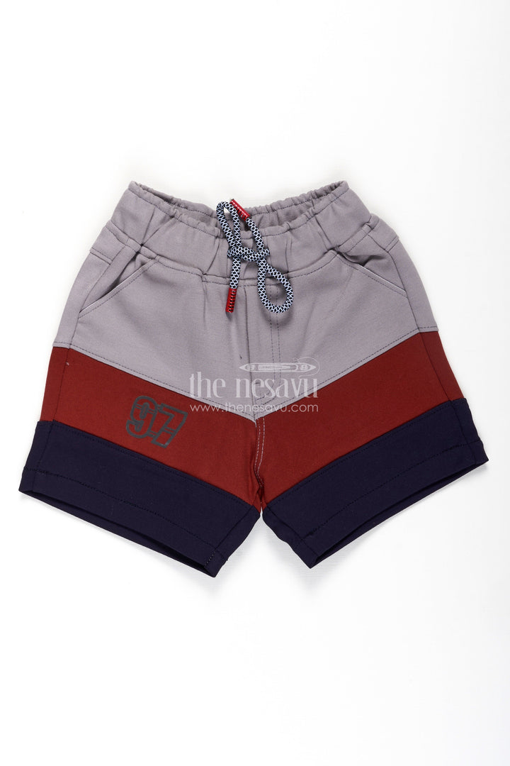 Business Casual Shorts for Boys in Grey Red and Navy Colorblock with Athletic 97 Logo