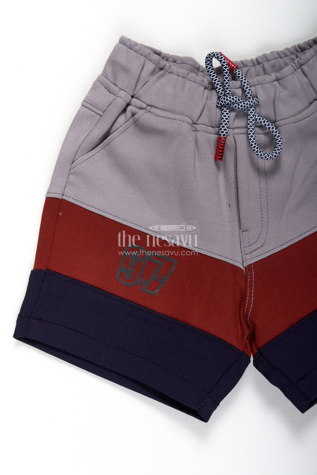 Business Casual Shorts for Boys in Grey Red and Navy Colorblock with Athletic 97 Logo