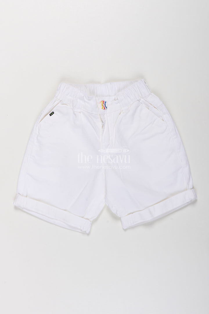 Childrens Shorts for Boys in Off White Cotton with Turned Hems and Elastic Waist Fit