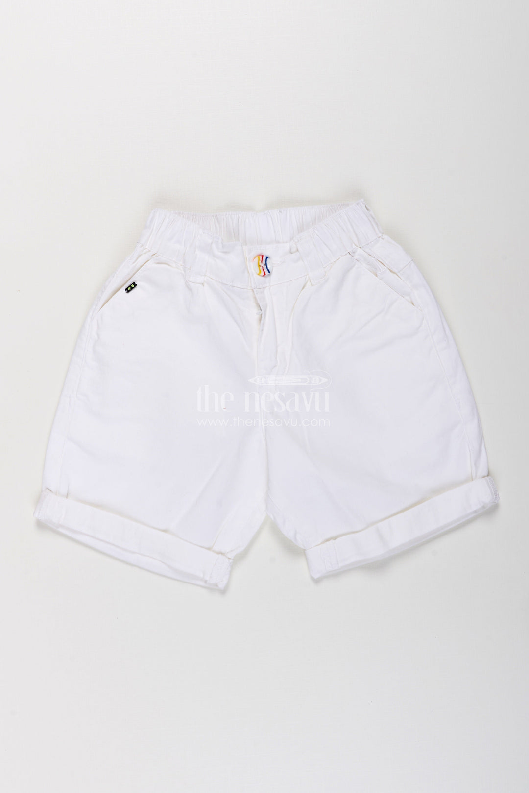 Childrens Shorts for Boys in Off White Cotton with Turned Hems and Elastic Waist Fit