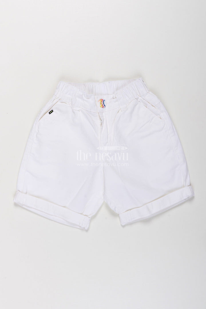 Childrens Shorts for Boys in Off White Cotton with Turned Hems and Elastic Waist Fit