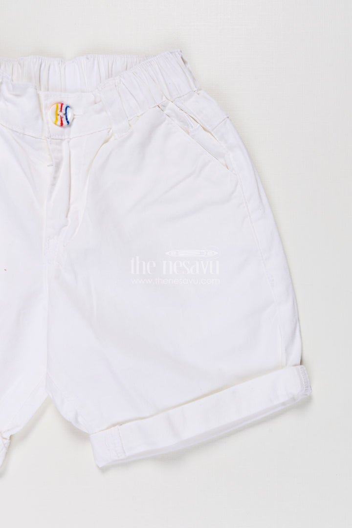 Childrens Shorts for Boys in Off White Cotton with Turned Hems and Elastic Waist Fit